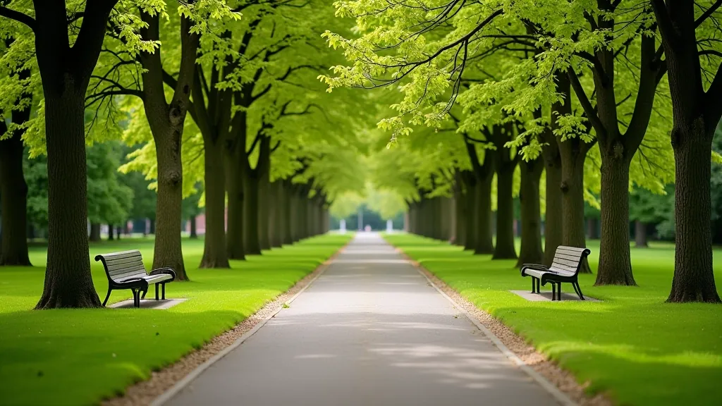 Flat, well-maintained walking path with benches visible along the way in a tree-lined park setting