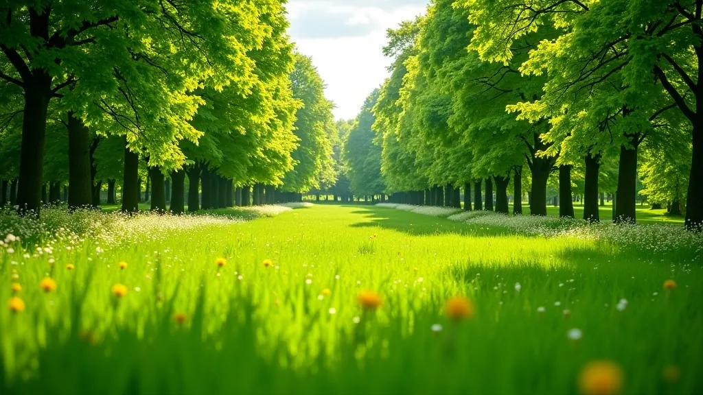 Lush green meadow in Phoenix Park with native wildflowers and trees in natural sunlight