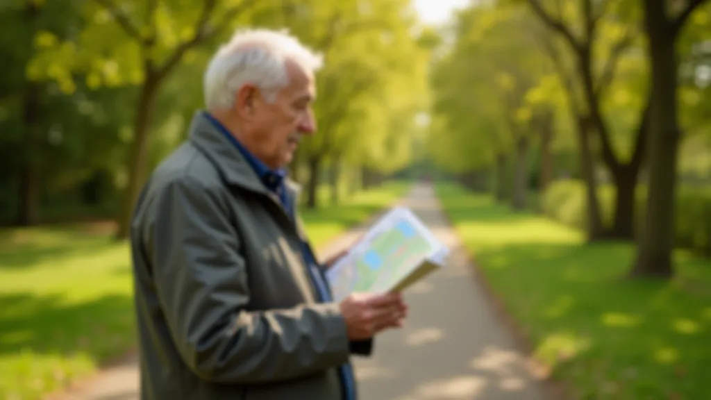 Person checking a park map before starting their walk, standing on a paved path with good lighting and clear surroundings