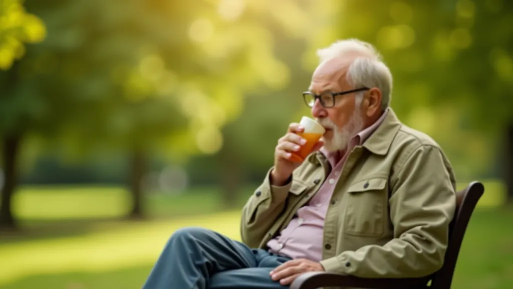Person checking watch and drinking water during outdoor walking break, sitting on park bench with trees in background