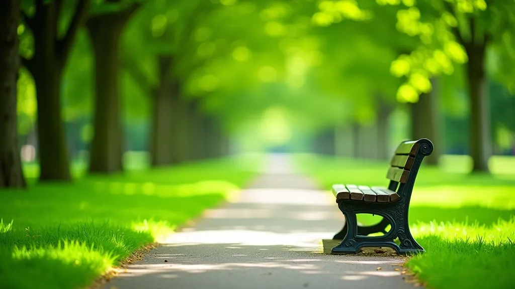 Peaceful park scene with walking path, wooden bench in foreground, mature trees providing shade, and open grassland visible in distance