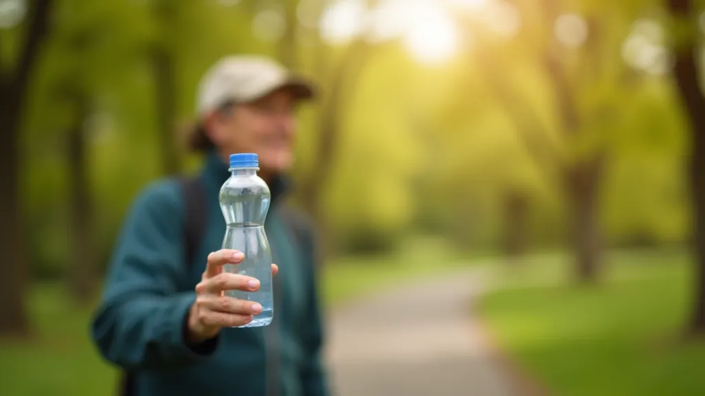 Person holding reusable water bottle during outdoor walk, hands visible, natural outdoor setting