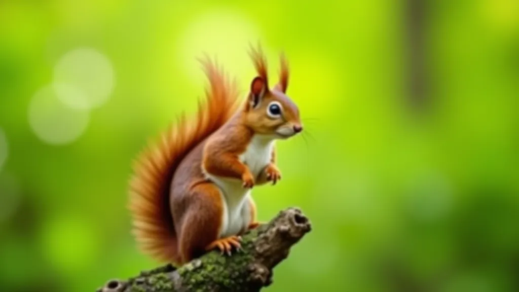 Red squirrel sitting on branch in Phoenix Park with blurred forest background