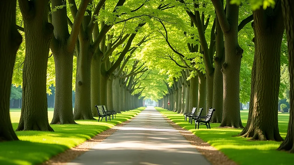 Scenic tree-lined path in Phoenix Park with walking trails and benches visible