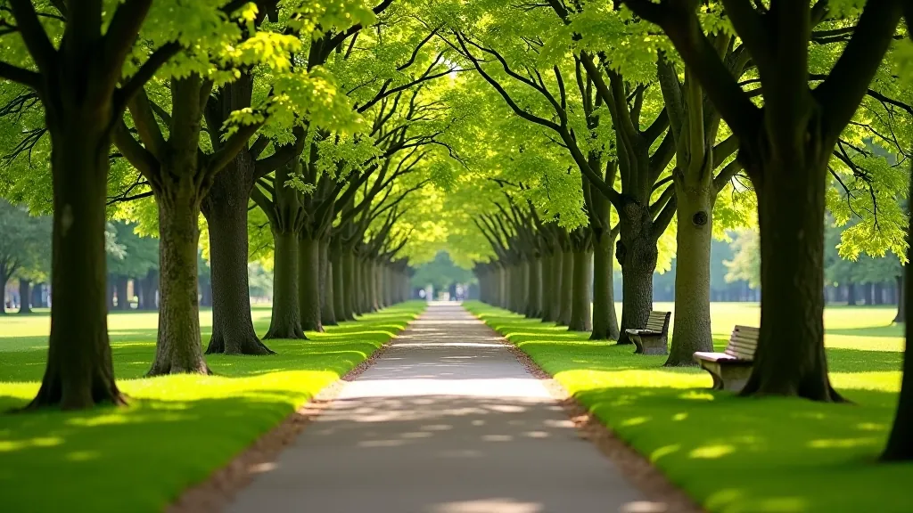 Scenic walking path in Phoenix Park with benches and tree coverage