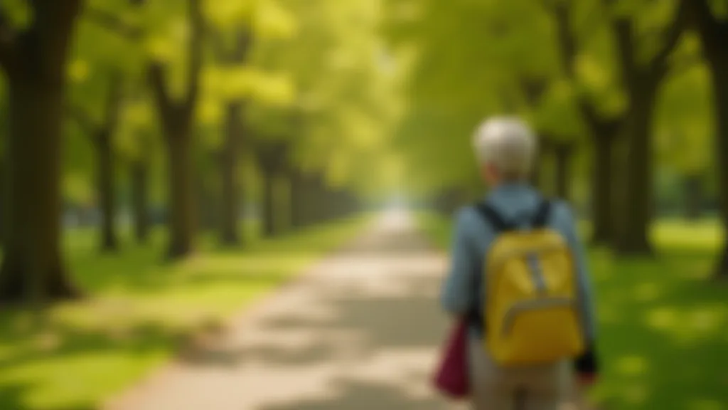 Senior woman with backpack walking on tree-lined path in Phoenix Park, sunny day