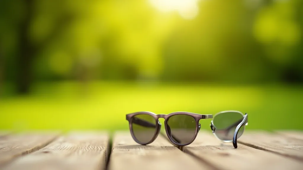 Sunscreen bottle and sunglasses on outdoor table with park landscape background