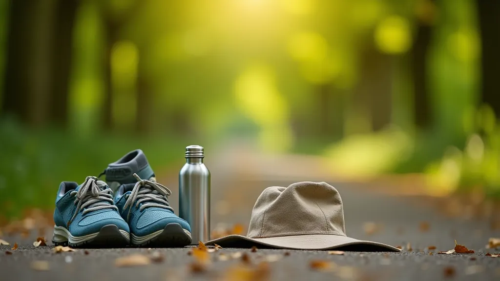 Walking essentials laid out including comfortable shoes, water bottle, hat, and other practical items