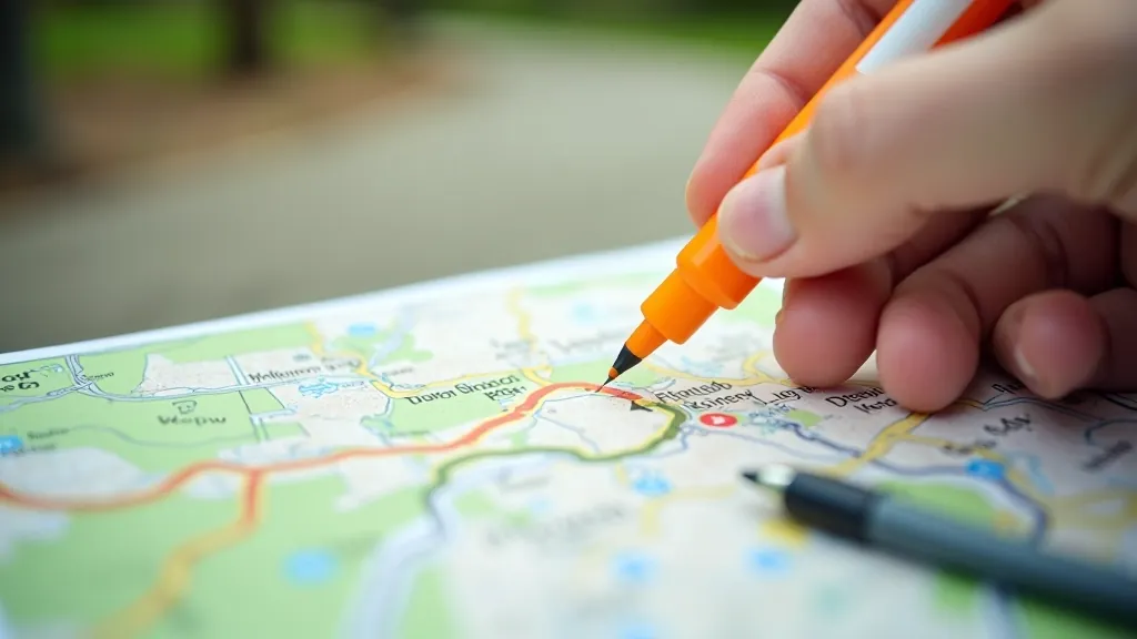 Walking route planned on a paper map with a highlighter, showing specific start and end points marked clearly