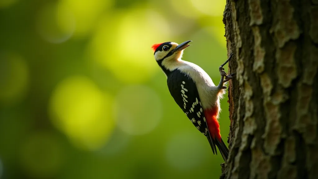 Great spotted woodpecker on tree trunk in Phoenix Park natural habitat